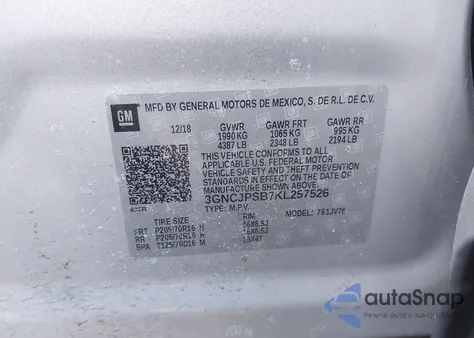 2019 Chevrolet Trax Lt z USA, uszkodzony, nr VIN 3GNCJPSB7KL257526